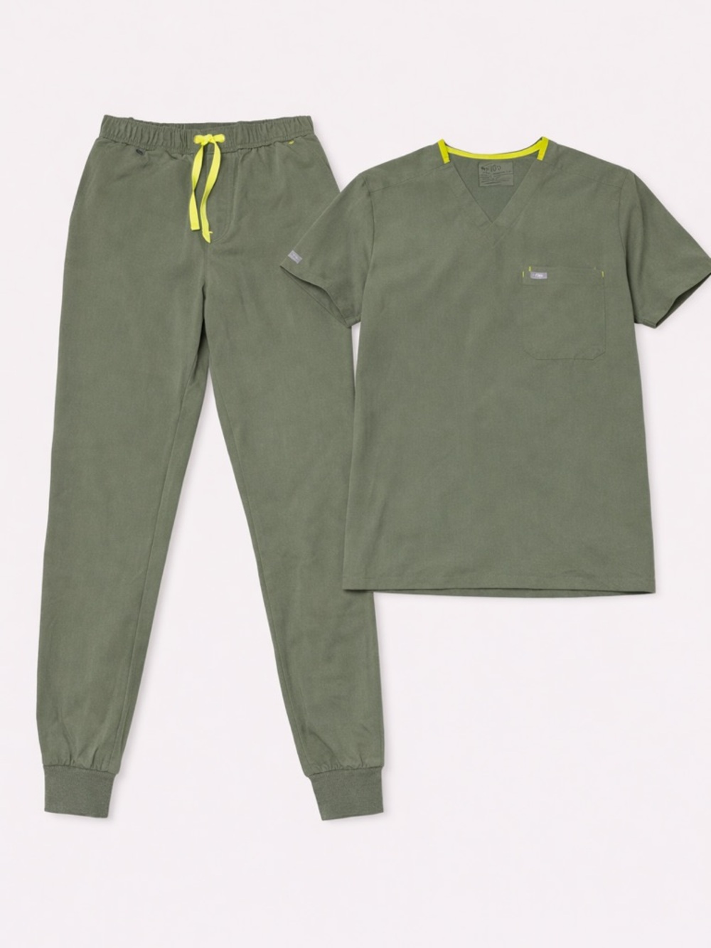 FIGS Men’s XL Scrub Set – Olive Green with Neon Yellow Drawstring